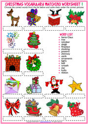 Christmas ESL Vocabulary Matching Exercise Worksheets