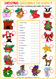 Christmas ESL Unscramble the Words Worksheets For Kids