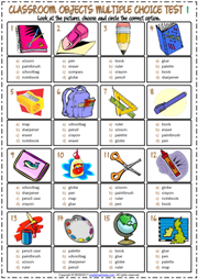 Classroom Objects ESL Printable Multiple Choice Tests for Kids
