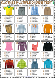Clothes ESL Printable Multiple Choice Tests For Kids