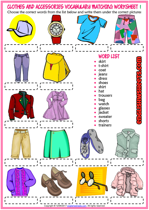 Clothes and Accessories ESL Matching Exercise Worksheets
