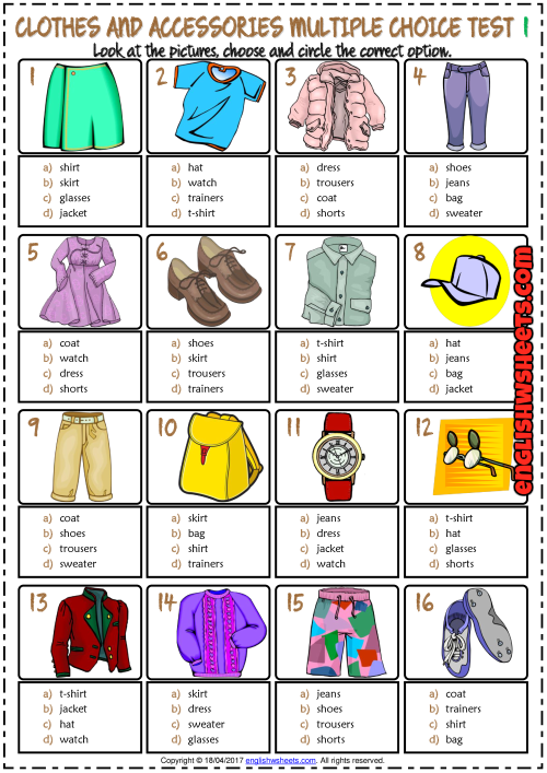 Clothes and Accessories ESL Printable Multiple Choice Tests