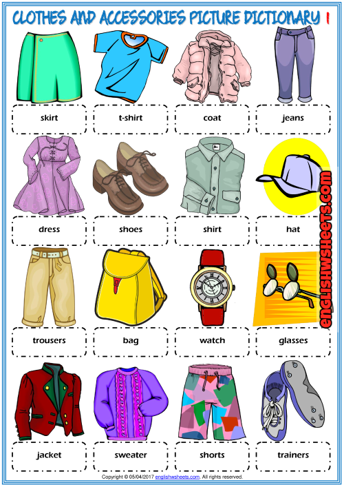 Clothes and Accessories ESL Picture Dictionary Worksheets