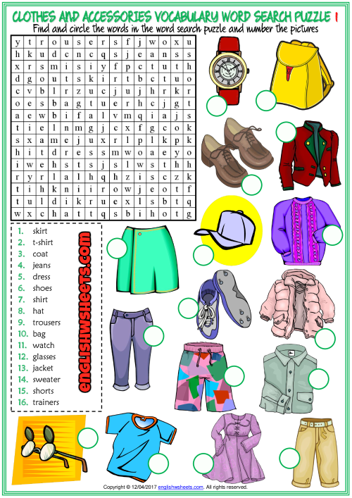Clothes and Accessories ESL Word Search Puzzle Worksheets
