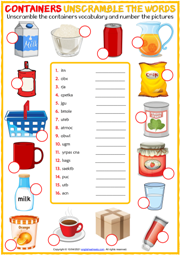 Containers ESL Unscramble the Words Worksheet
