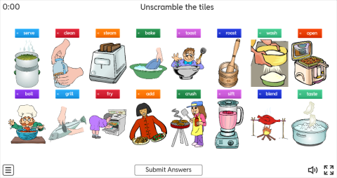 Cooking Verbs ESL Interactive Unscramble Worksheet