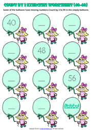 Counting Forward by 2 from 40 to 60 Exercises Worksheet
