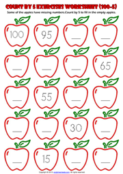 Counting Backwards by 5 from 100 to 5 Exercise Worksheet