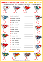 Countries and Nationalities Unscramble the Words Worksheet