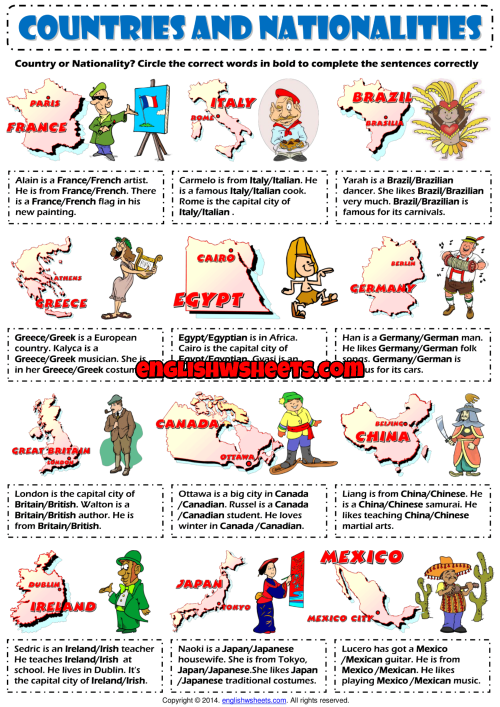 Countries And Nationalities ESL Exercise Worksheet For Kids
