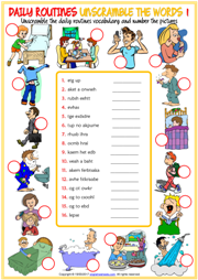 Daily Routines ESL Unscramble the Words Worksheets
