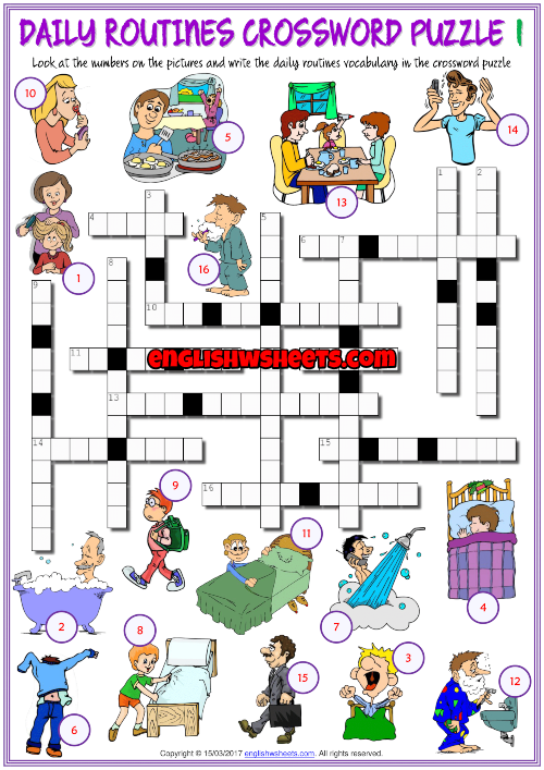 Daily Routines ESL Printable Crossword Puzzle Worksheets