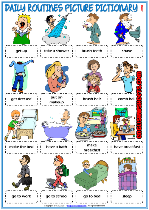 Daily Routines ESL Printable Picture Dictionary For Kids