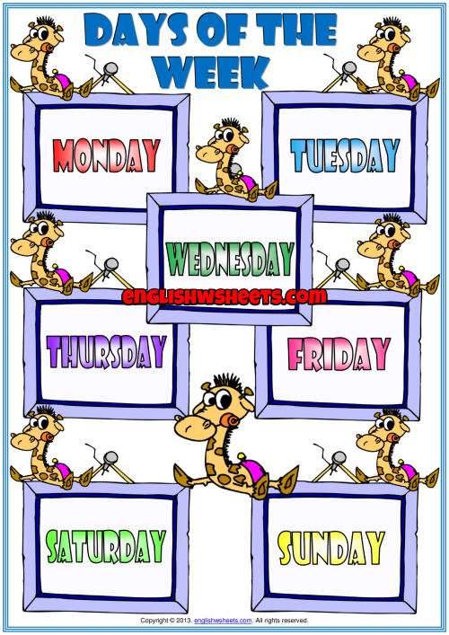 Days Of The Week Esl Picture Dictionary Worksheet For Kids Vocabulary ...