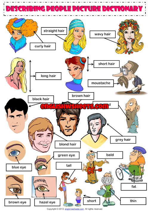 describing people esl picture dictionary worksheet for kids