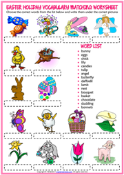 Easter Holiday ESL Vocabulary Matching Exercise Worksheet