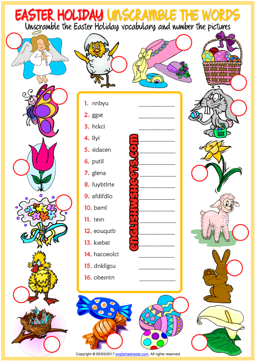 Easter Holiday ESL Unscramble the Words Worksheet