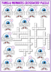 Family Members ESL Crossword Puzzle Worksheet for Kids