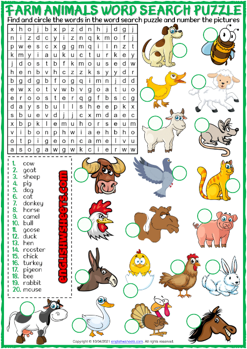 Farm Animals ESL Printable Word Search Puzzle Worksheet