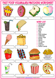 Fast Food ESL Vocabulary Matching Exercise Worksheet