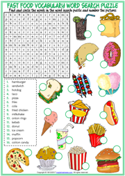 Fast Food ESL Word Search Puzzle Worksheet For Kids