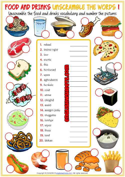 Food and Drinks ESL Unscramble the Words Worksheets