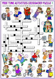 Free Time Activities ESL Crossword Puzzle Worksheets
