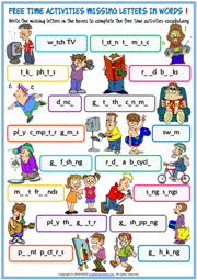 Free Time Activities Missing Letters In Words Worksheets