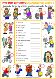 Free Time Activities Unscramble the Words Worksheets