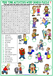 Free Time Activities ESL Word Search Puzzle Worksheets