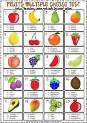Fruits ESL Printable Multiple Choice Test For Kids