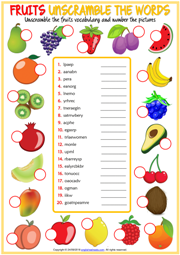 Fruits ESL Printable Unscramble the Words Worksheet