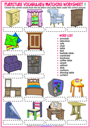 Furniture ESL Vocabulary Matching Exercise Worksheets