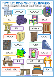 Furniture ESL Missing Letters In Words Exercise Worksheets