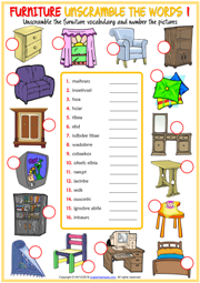 Furniture ESL Unscramble the Words Worksheets For Kids
