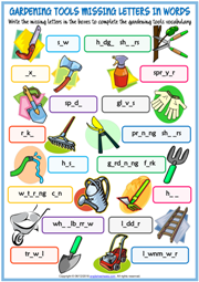 Gardening Tools Missing Letters In Words Exercise Worksheet
