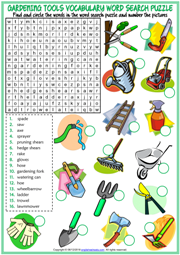 Gardening Tools ESL Word Search Puzzle Worksheet For Kids