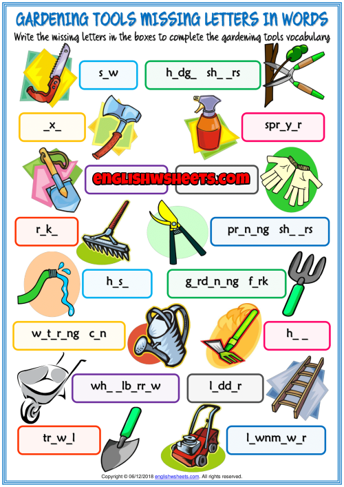 Gardening Tools Missing Letters In Words Exercise Worksheet