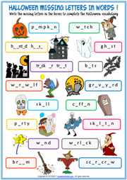 Halloween Missing Letters In Words Exercise Worksheets