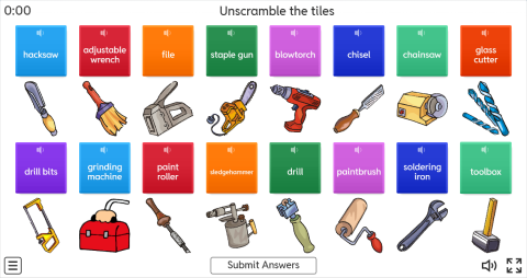 Hand Tools ESL Interactive Unscramble Worksheet