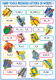 Hand Tools Missing Letters In Words Exercise Worksheets