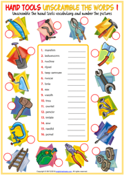 Hand Tools ESL Unscramble the Words Worksheets For Kids