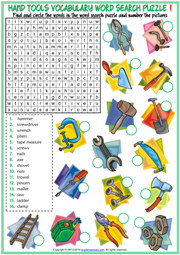 Hand Tools ESL Word Search Puzzle Worksheets For Kids