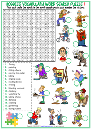 Hobbies ESL Printable Word Search Puzzle Worksheets