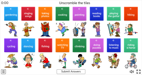 Hobbies ESL Interactive Unscramble Worksheet