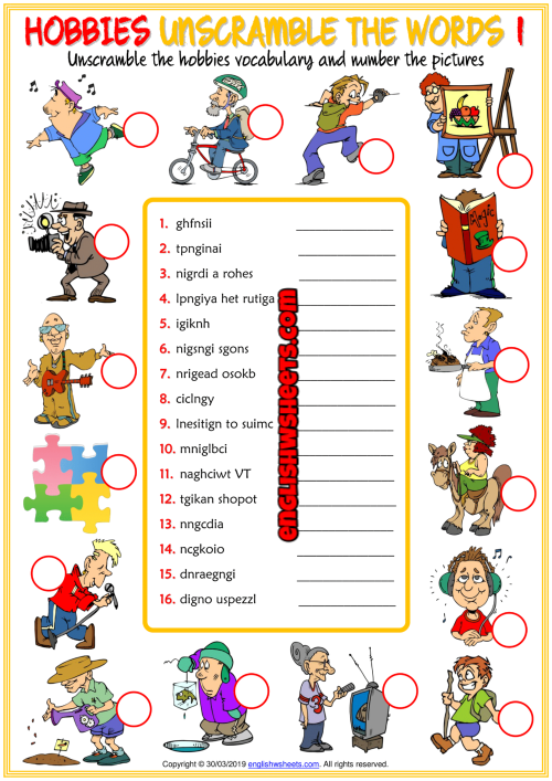 hobbies esl unscramble the words worksheets for kids