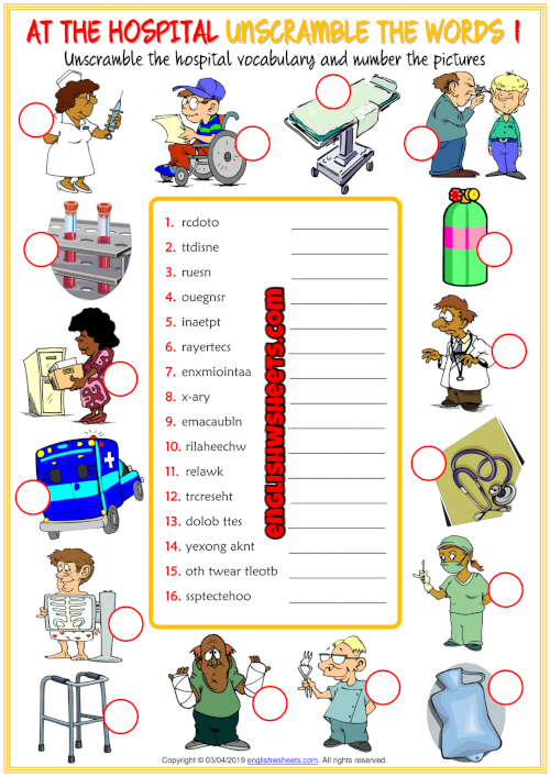 hospital vocabulary esl unscramble the words worksheets