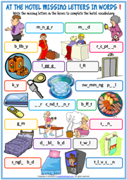 Hotel Vocabulary ESL Missing Letters In Words Worksheets