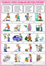 Household Chores ESL Matching Exercise Worksheet For Kids