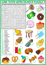 Junk Food ESL Word Search Puzzle Worksheets